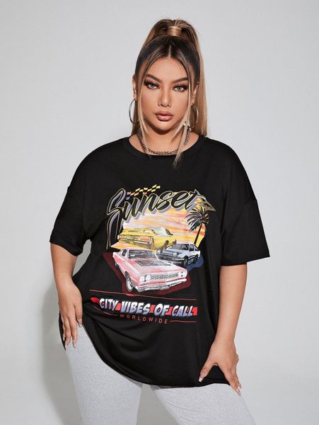 plus car & letter graphic drop shoulder tee 68zb#, Black 
plus car & letter graphic drop shoulder tee 68zb#, Black