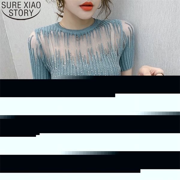 women summer korean clothes knit blouse diamonds transparent women ropa mujer shirt short sleeve elastic shirt 210308, White
women summer korean clothes knit blouse diamonds transparent women ropa mujer shirt short sleeve elastic shirt 210308, White