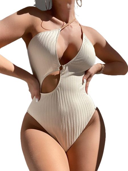 cut-out ring linked one piece swimsuit k73r#, White;black