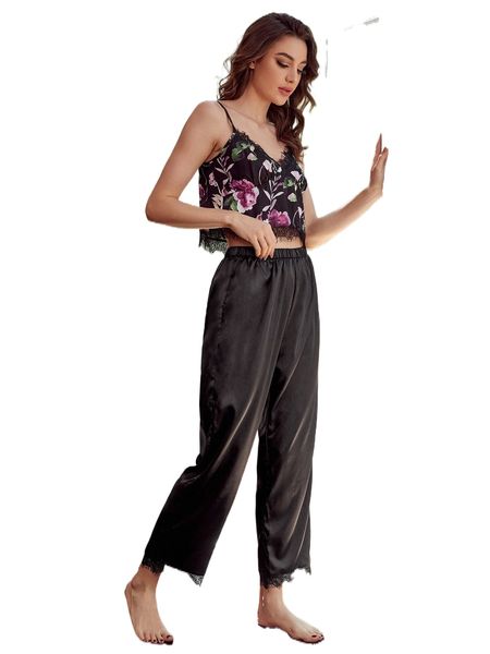 floral print contrast lace cami & pants pj set n993#, Black;red