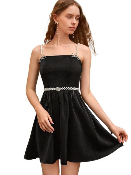 mod rhinestone bow detail cami dress with pearl belt p9qq#, Black;gray 
mod rhinestone bow detail cami dress with pearl belt p9qq#, Black;gray