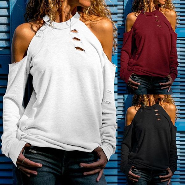 women autumn solid color t shirts o neck pullover cold shoulder ripped holes blouse casual clothing, White
women autumn solid color t shirts o neck pullover cold shoulder ripped holes blouse casual clothing, White