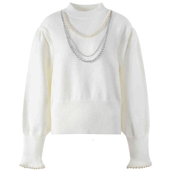 women's knits tees fashion pearl chain solid color knitwear women's fashionable half high neck aging lantern sleeve r533, White
women's knits tees fashion pearl chain solid color knitwear women's fashionable half high neck aging lantern sleeve r533, White