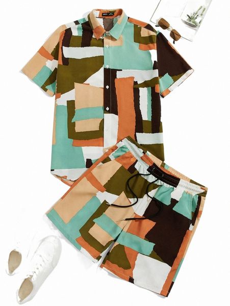 men 1pc graphic print shirt & 1pc drawstring waist shorts w0rc#, Gray
