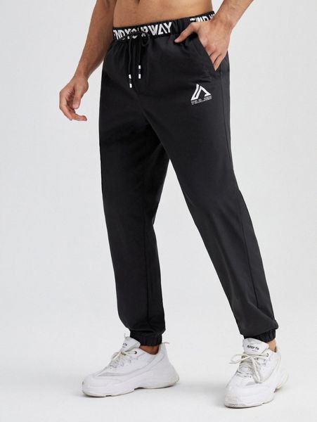 men slogan tape letter graphic tie waist pants b5ss#, Black 
men slogan tape letter graphic tie waist pants b5ss#, Black