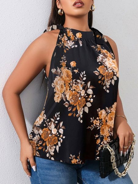 plus floral print knot side blouse 19as#, Black