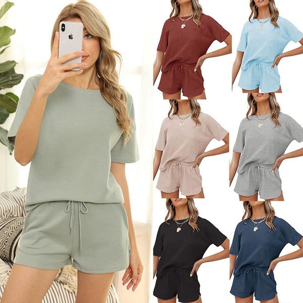 women's tracksuits 2022 spring and summer new european and american short-sleeved homewear solid color casual waffle suit, Gray
women's tracksuits 2022 spring and summer new european and american short-sleeved homewear solid color casual waffle suit, Gray