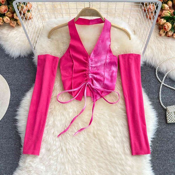 women's t-shirt wind contrast color stitching pleated lace up hanging neck off shoulder women's autumn foreign style slim short t-, White
women's t-shirt wind contrast color stitching pleated lace up hanging neck off shoulder women's autumn foreign style slim short t-, White