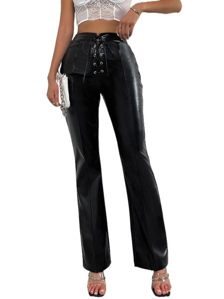 high waist lace up flare leg pants 69ud#, Black;white
high waist lace up flare leg pants 69ud#, Black;white