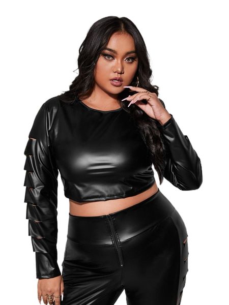 plus ripped crop pu leather tee 78ed#, Black