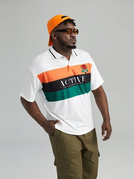 extended sizes men letter graphic colorblock polo shirt 98zv#, White;black 
extended sizes men letter graphic colorblock polo shirt 98zv#, White;black