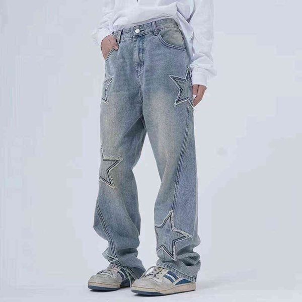 retro stars embroidery washed casual men's and womens jeans pants high street frayed pockets loose oversized denim trousers t220803, Blue
retro stars embroidery washed casual men's and womens jeans pants high street frayed pockets loose oversized denim trousers t220803, Blue