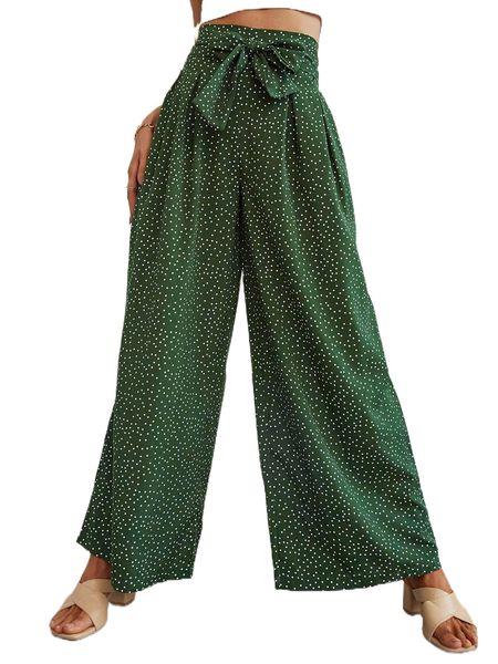 random polka dot print knot front wide leg pants x2op#, Black;white