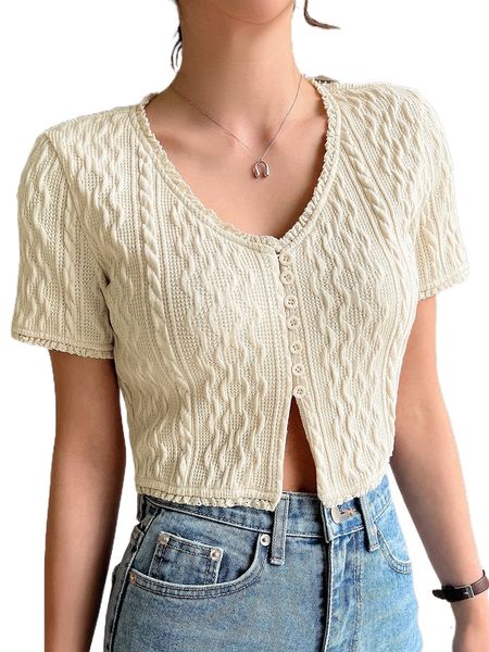 dazy button front lace trim cable knit tee a8gz#, White 
dazy button front lace trim cable knit tee a8gz#, White