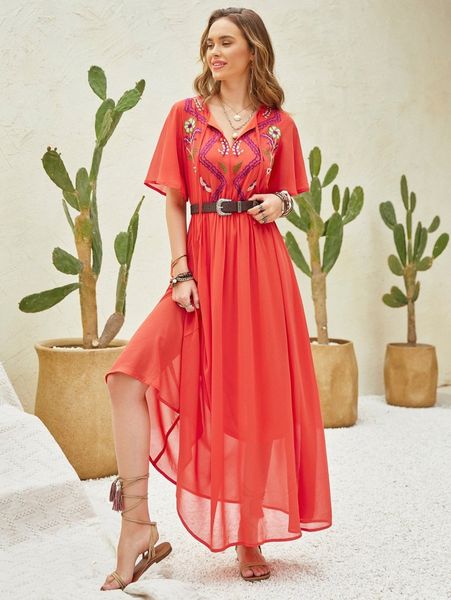 rusttydustty embroidery floral tie neck flutter sleeve dress without belt g1z6#, Black;gray
rusttydustty embroidery floral tie neck flutter sleeve dress without belt g1z6#, Black;gray