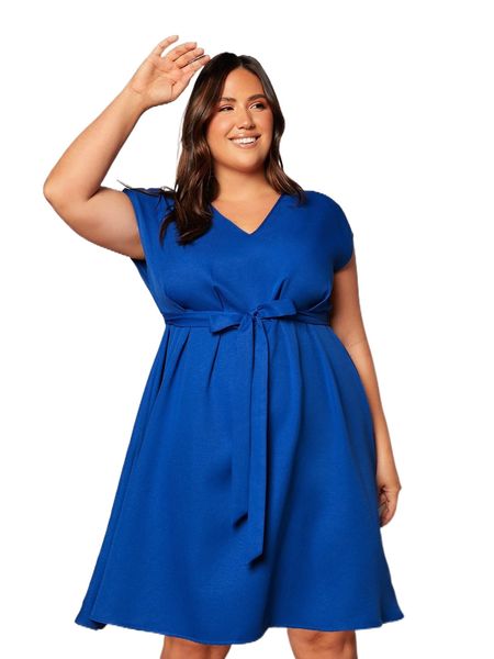plus v neck belted dress l6de#, Black