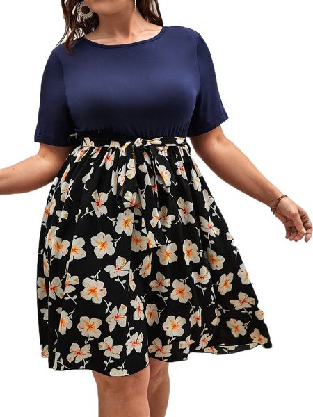 plus floral print belted a-line dress u72p#, Black