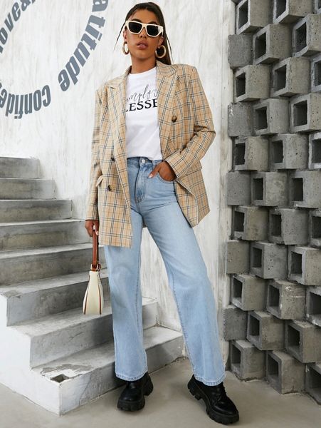 plaid flap detail double breasted blazer a7wd#, White