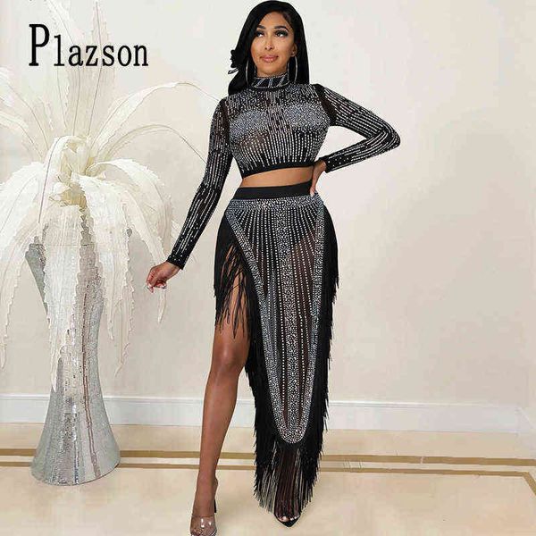 plazson fall sheer mesh sparkle rhinestone suit long sleeve crop and fringed skirt two-piece set crystal chirstmas outfits t220729, Gray