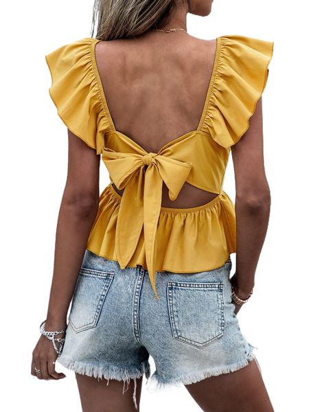 tie back ruffle sleeve peplum blouse r8sv#, White 
tie back ruffle sleeve peplum blouse r8sv#, White