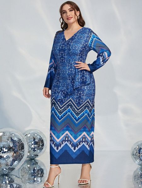 plus chevron print surplice neck dress u0f8#, Black 
plus chevron print surplice neck dress u0f8#, Black