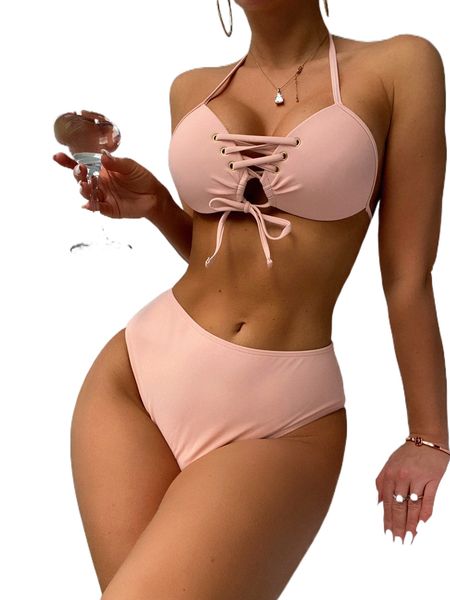 lace up front halter high waisted bikini swimsuit u67q#, White;black
lace up front halter high waisted bikini swimsuit u67q#, White;black