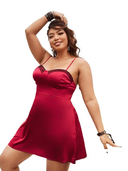 plus lace detail bustier satin cami dress u3x1#, Black