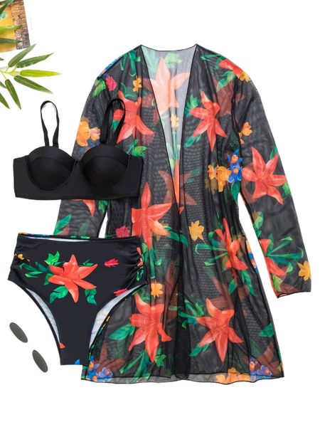 random floral print push up bikini swimsuit with kimono u5sy#, White;black 
random floral print push up bikini swimsuit with kimono u5sy#, White;black