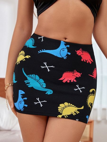 dinosaur print bodycon skirt 40yg#, Black