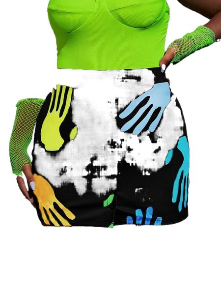 plus hands print button front skirt 86ao#, Black