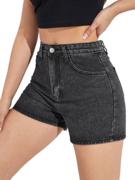 high waist washed denim shorts n6ck#, White;black