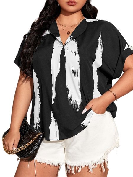 plus graphic batwing sleeve blouse h9ye#, Black
