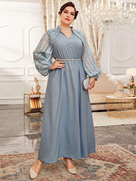 plus contrast mesh cloak sleeve dress without belt c10v#, Black
plus contrast mesh cloak sleeve dress without belt c10v#, Black