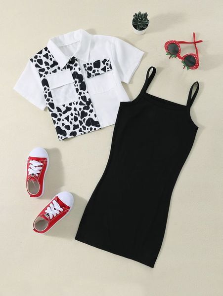 girls cow print flap pocket blouse & cami dress she, White
girls cow print flap pocket blouse & cami dress she, White