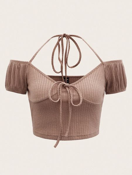 tie front halter rib-knit tee n2nx#, White
tie front halter rib-knit tee n2nx#, White