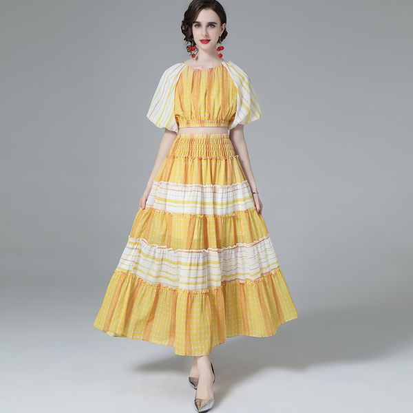 women's runway two pice dresses o neck short sleeves blouse with elastic waist printed long skirt fashion twinset sets, White
women's runway two pice dresses o neck short sleeves blouse with elastic waist printed long skirt fashion twinset sets, White