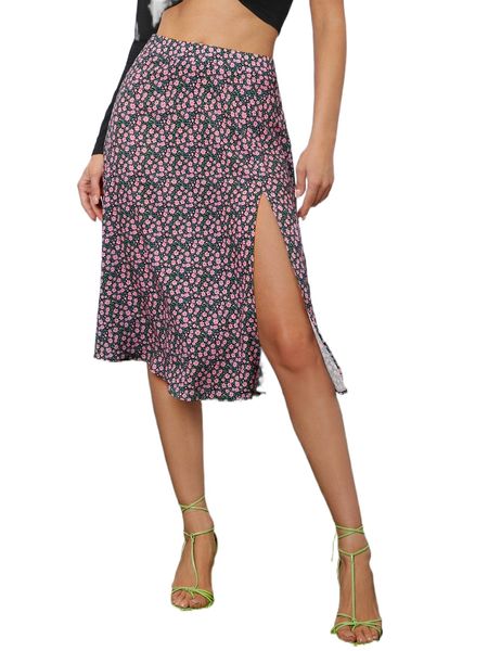 ditsy floral split thigh skirt k1yl#, Black
