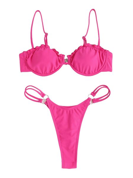frill trim ring linked push up bikini swimsuit 12ue#, White;black 
frill trim ring linked push up bikini swimsuit 12ue#, White;black