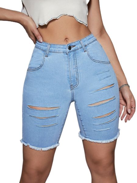 ripped raw hem light wash denim biker shorts 430z#, White;black 
ripped raw hem light wash denim biker shorts 430z#, White;black