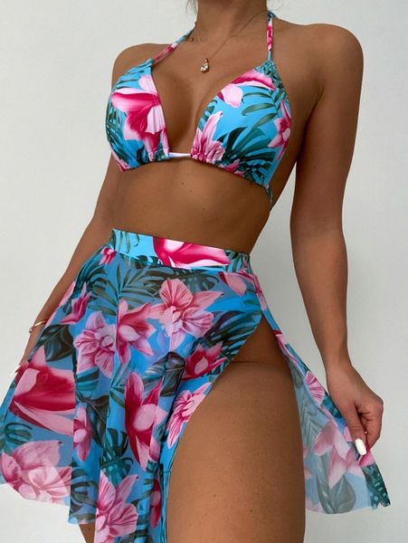 3pack tropical print halter triangle bikini swimsuit & beach skirt d3d6#, White;black 
3pack tropical print halter triangle bikini swimsuit & beach skirt d3d6#, White;black