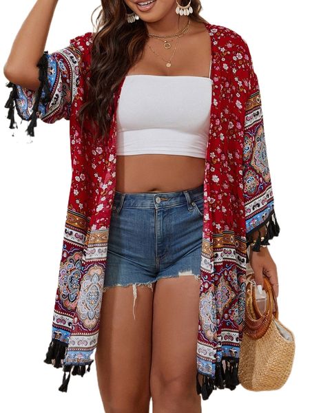 plus ditsy floral print tassel hem kimono w5dh#, Black;gray