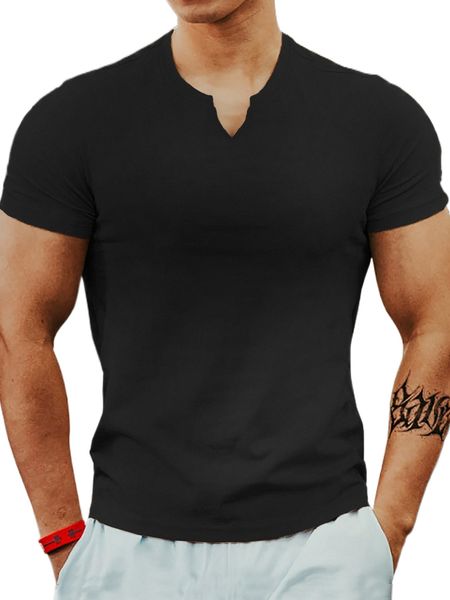 men solid notched neck tee y239#, White;black