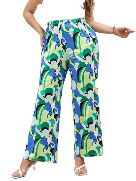 plus allover print wide leg pants x7nd#, Black