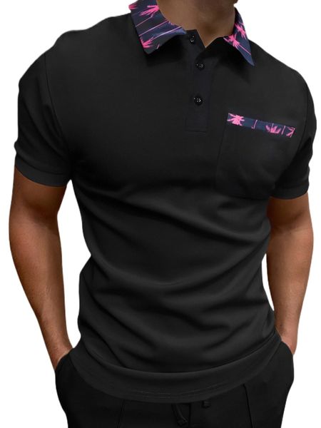 men contrast coconut tree collar polo shirt e6lp#, White;black 
men contrast coconut tree collar polo shirt e6lp#, White;black