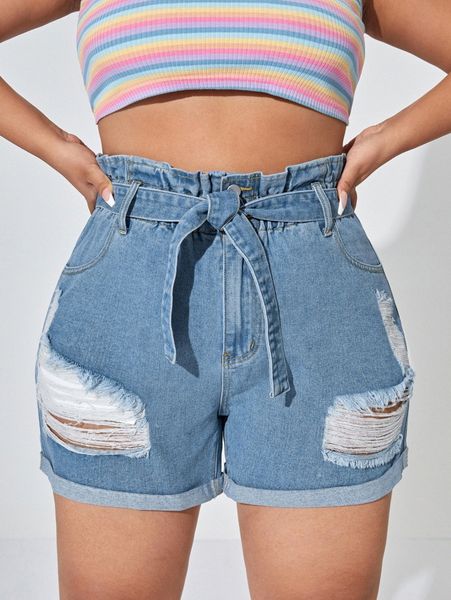 plus paper bag waist ripped frayed belted denim shorts x9kn#, White;black 
plus paper bag waist ripped frayed belted denim shorts x9kn#, White;black