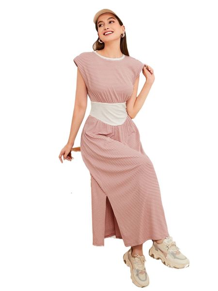 striped shoulder pad split hem dress m4cv#, Black;gray