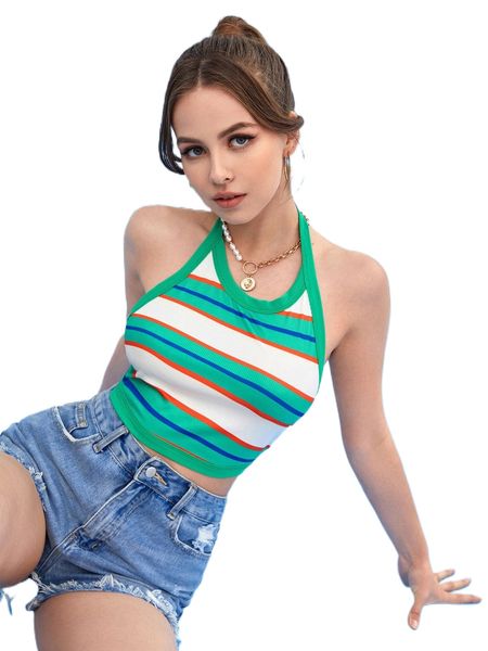 striped colorblock tie backless halter q2jl#, White 
striped colorblock tie backless halter q2jl#, White