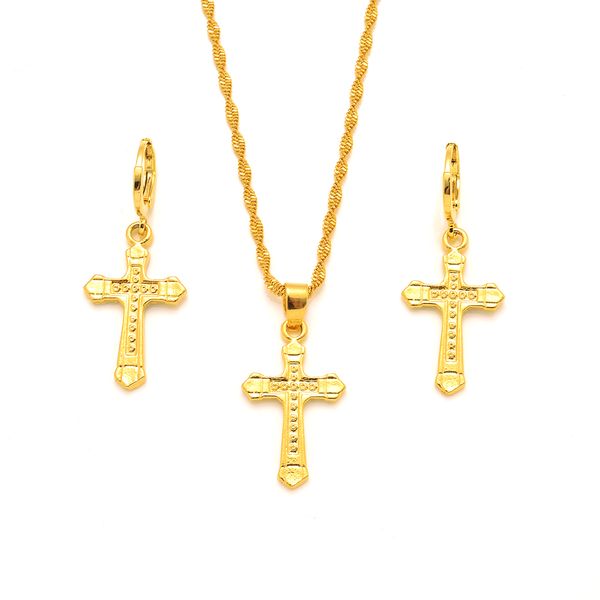 24k solid fine yellow gold-tone latin cross stud earrings necklace pendant set, Silver
24k solid fine yellow gold-tone latin cross stud earrings necklace pendant set, Silver