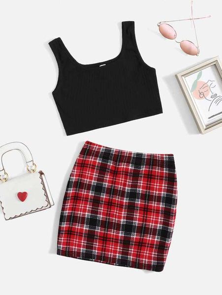 girls tank & tartan skirt set she, White 
girls tank & tartan skirt set she, White