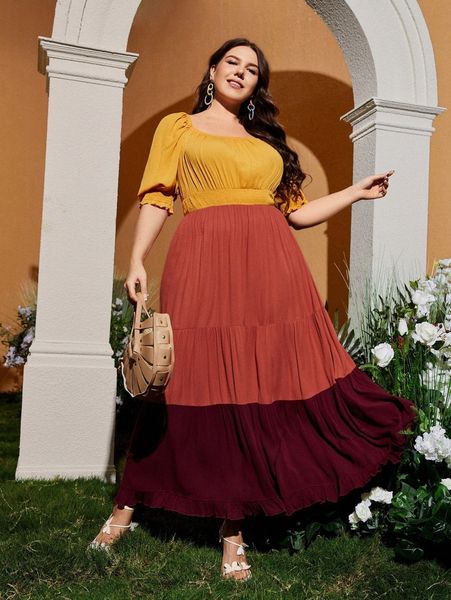 plus square neck colorblock puff sleeve ruffle hem dress 83ww#, Black
plus square neck colorblock puff sleeve ruffle hem dress 83ww#, Black